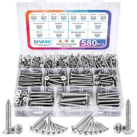 DIVANC 580Pcs 304 Stainless Steel Wood Screw Assortment Kit, M3/M4/M5/M6 Phillips Pan Head & Flat Head Sheet Metal Screws Self Tapping Screws Set,16 Sizes Assorted Screw (Silver 580PCS)