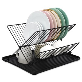 RV Foldable Dish Drying Rack, 2-Tier with Drip Tray, Stainless Steel Collapsible Rack for Sink & Kitchen Countertop, Space-Saving Dish Drainer Organizer for Dishes, Bowls, Plates, Cups