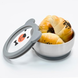 Mrs. Chou Suction Bowl and Spoon Set for Babies and Toddlers w/Non-Slip Silicone Suction Cups, Advanced 304 Stainless Steel Bowls, Double-Layer Insulated w/BPA-Free Lids Food-Grade Safety Non-Toxic