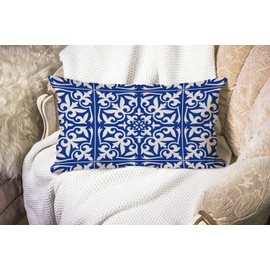 Smooffly Moroccan Tile Pillow Cover Traditional Floral Cobalt Blue Waist Lumbar Cotton Linen Throw Pillow case Cushion Cover for Sofa Home Decorative Oblong 12x20 Inches