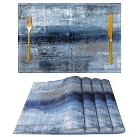 Blue and Gray Placemats Washable, Linen Rectangular Place Mats Set of 4, Dining Table Decor for Living Room, Kitchen, Farmhouse and Outdoor (Blue Gray, 12x18 Inch)