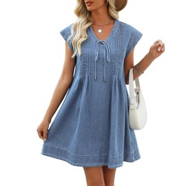 POTILI Denim Dress for Women,V Neck Jean Dresses Short Sleeves Denim Romper Dress with Pockets