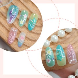 30 Pcs Handmade Press on Nails Medium Almond Fake Nails Summer Reusable False Nails with Sea Star, Shell, Flower Design Kit Ocean Theme Nails Press ons Artificial Acrylic Glue-Free Nails for Women