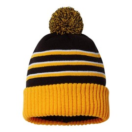Richardson Stripe Pom Beanie with Cuff One Size Black/Gold/White