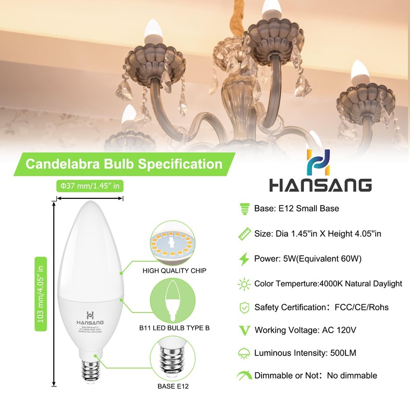 hansang E12 LED Light Bulbs 4000K Natural Daylight, 60W Type