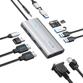 PHIXERO 12 in 1 USB Docking Station Triple Monitor for Mac M1/M2, Displaylink Dock with 2 HDMI & 1 VGA, 3 USB 3.0 &1 USB 2.0, SD/TF Port, Ethernet, Audio, Compatible with Thunderbolt, Windows,et