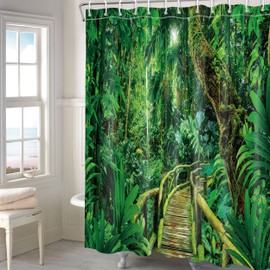Nature Forest Wooden Bridge Shower Curtain 3D Rain Forest Scenic Landscape Shower Curtains for Bathroom Decor Polyester Cloth Fabric with Hooks 72 X 72 Inch