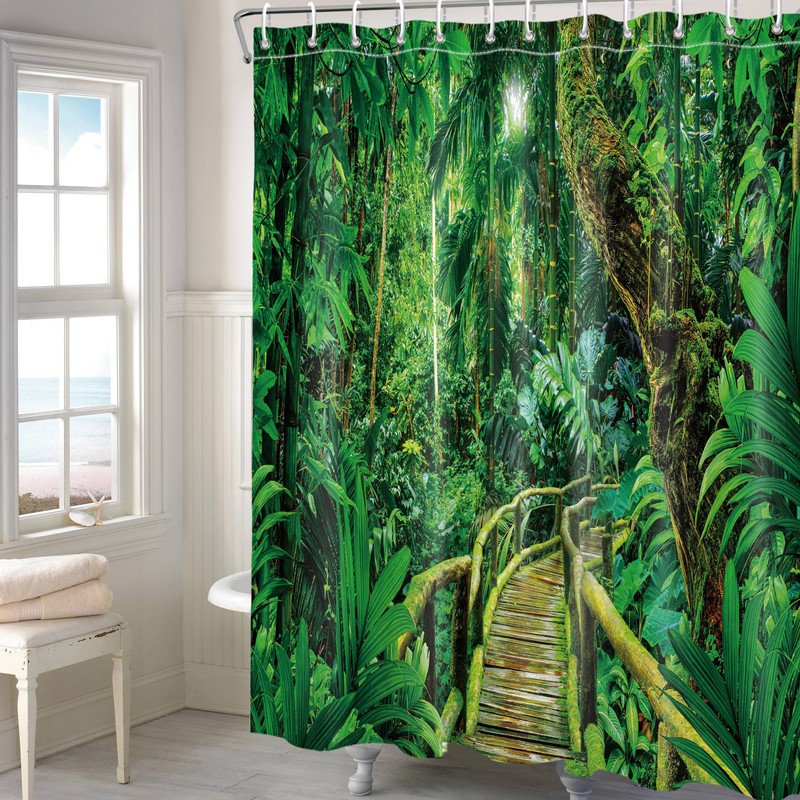 Nature Forest Wooden Bridge Shower Curtain 3D Rain Forest Scenic