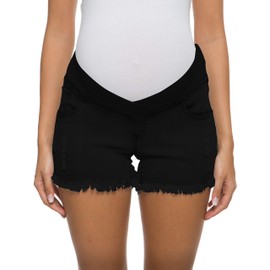 Foucome Maternity Jean Shorts Under Bump Wide Elastic Band Waist Pregnancy Denim Shorts for Women (Black, S)