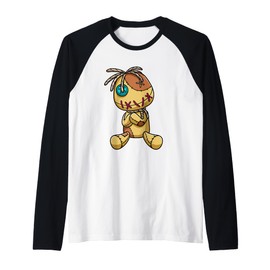 Cute Creepy Voodoo Doll Button Eye Stitch Plush Graphic Raglan Baseball Tee