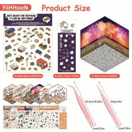 6 Sets DIY 3D House Stickers, Fun DIY Stickers Scene with 2 Pcs Tweezers, Cartoon Scene Stickers Make Your Own Supermarket Bookstore Bakery 3D Cute Funny Stickers for Adult Pass The Time