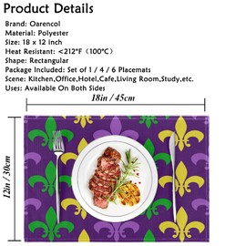 Oarencol Mardi Gras Fleur De Lis Colorful Placemat Table Mats Set of 4, Heat-Resistant Washable Clean Kitchen Place Mats for Dining Table Decoration