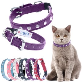 Athens Cat Collar, Leather Kitten Collar w/Rhinestones, Sturdy Breakaway Cat Collar with Bell & Elastic Stretch, bCat Accessories, Orchid Purple, 10 x ½ inches - Angel Pet Supplies