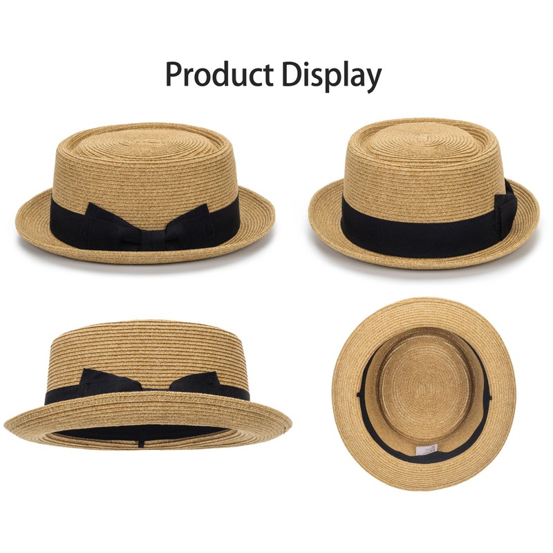 Pork-Pie-Hat-for-Men-Women Straw-Boater-Hat - Classic Boater Derby Sun Hats with Grosgrain