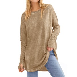 Tankaneo Womens Oversized Long Sleeve Shirts Vintage Washed Casual Loose Fit Tunic Tops with Thumb Holes Khaki