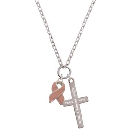 Delight Jewelry Silvertone Pink Ribbon with Stitching - Be Still and Know Engraved Cross Zoey Necklace, 28"