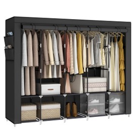 MOGELAFOO 83 Inch Large Capacity Portable Closet Wardrobe with Non-Woven Fabric Cover and 4 Side Pockets, 5 Hanging Rods, 10 Shelves - Black Clothes Storage Organizer for Hanging Clothes