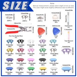 Glarks 807Pcs Snap Buttons with Snap Pliers Press Tool, 9.5mm 10 Colors Hollow and Solid Metal Prong Snap Buttons and Snap Fasteners Tool with Tape Measure and Tailors Chalk Kit for Sewing Crafting