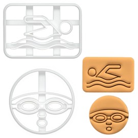 BAKERLOGY Set of 2 Swimming Sports Cookie Cutters (Shapes: Face of a Swimmer and Swimming Symbol) - Detailed Cookie Cutter Design for Baking and Crafting, Ideal for Fondant, Dough, Clay