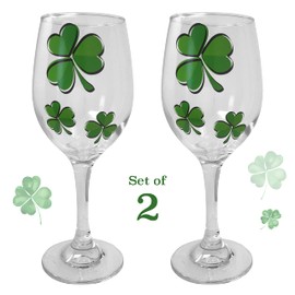 BANBERRY DESIGNS Shamrock Wine Glass - Set of 2 - Stemmed Irish Wine Glasses - Irish Cheer - St. Patrick's Day Celebration 12 oz