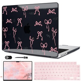 LCMOCICO for M4 MacBook Pro 16 inch Case 2024 2023 2022 2021 A3186 A3403 A2991 A2780 A2485 M4 M3 M2 M1 Pro/Max Chip with Touch ID, Printed Pattern Plastic Hard Shell Case Cover, Pink Bowknot Black