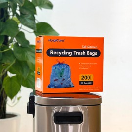 HygiCare 13 Gallon Recycling Trash Bags, Unscented 200 Count Drawstring Tall Kitchen Garbage Bags, Pre-Separated, Ultra Strong, Leakproof, Sturdy, Translucent Blue
