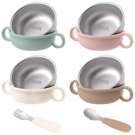 EsOfficce Stainless Steel Baby Bowls, 8.5fl Oz Kids Bowl with Anti-scald Removable Silicone Shell, BPA Free Baby Feeding Bowls with Fork Spoon for Snacks, Ice Cream, Cereal, Soup, Fruit (4 Colors)