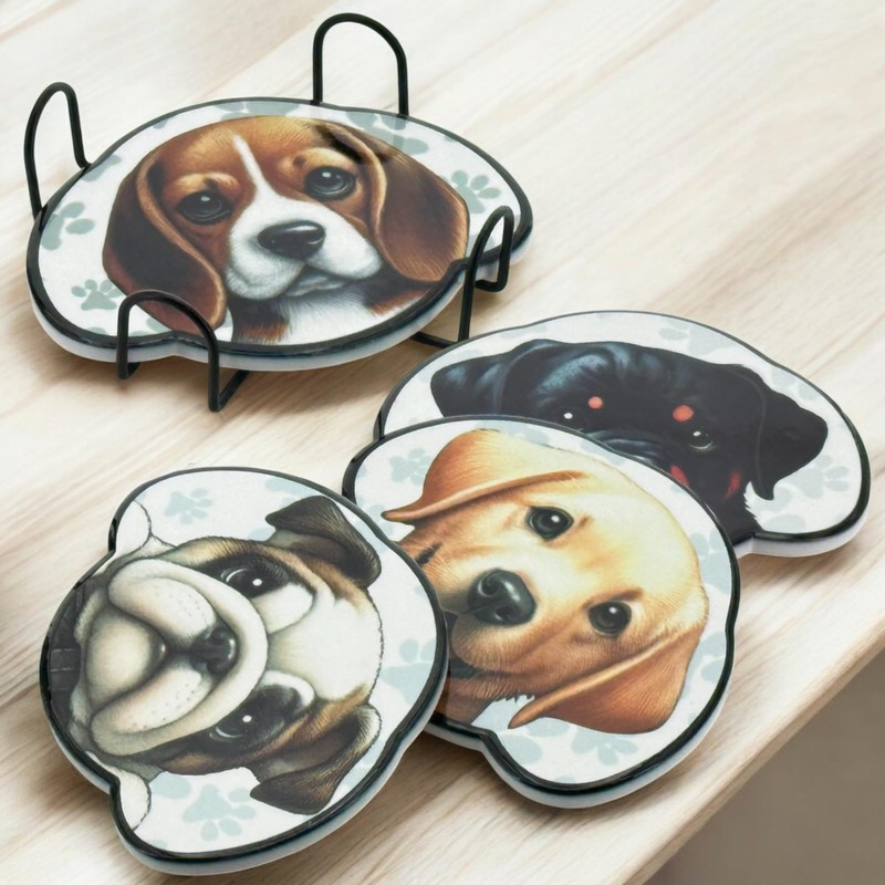 MIJOMA Untersetzer Set Hund – 4er Keramik Glasuntersetzer mit Metallhalter
