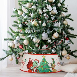 Christmas Tree Collar, 24" Christmas Tree Ring, Christmas Tree Base Cover with Classic Pattern, Xmas Tree Decorations for Home Indoor, Linen (White)