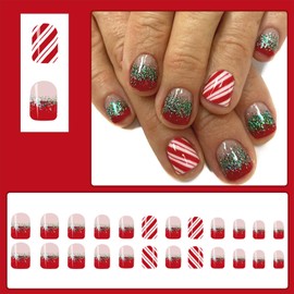 24Pcs Red Green Glitter French Tip Christmas Press on Nails Short Square Fake Nails Red and White Candy Stripe Design Acrylic Nails False Nails Artificial Nails Bling Glitter Stick on Nails for Women