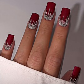 QQPPOLIU Square Press on Nail Medium Length Red Acrylic Nails with Design Glitter Fake Nails for Women and Girls 24pcs