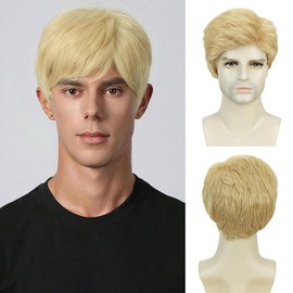 PHOCAS Short Blonde Mens Wig Realistic Natural Synthetic Light Blond Wigs with Bangs Layered Fluffy Straight Hair Wigs for Men Daily Party Use