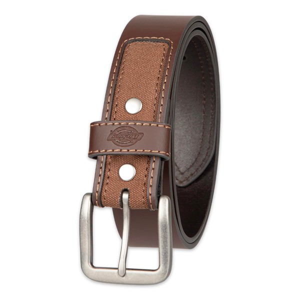 Dickies Men's Leather Canvas Inlay Belt, Brown, Large