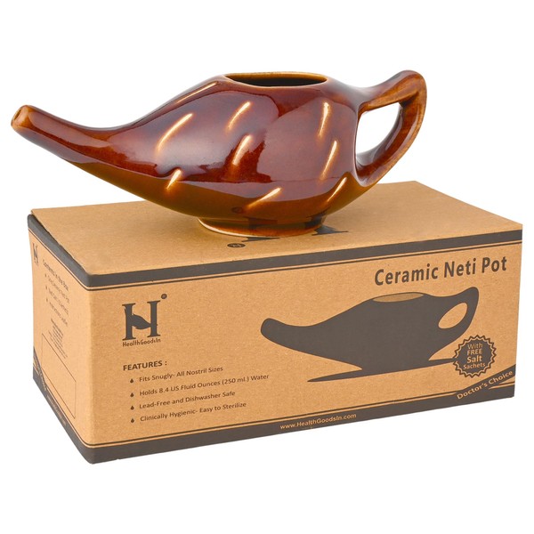 HealthGoodsIn Premium Handcrafted Durable Ceramic Neti Pot, Nose Cleaner for Sinus, Dishwasher Safe 225 Ml. (Dark Brown Color)