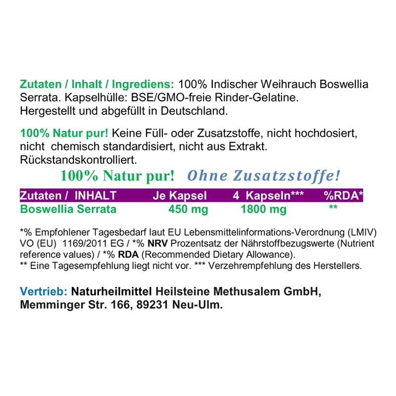 Frankincense Boswellia Serrata 180 Powder Capsules Natural Pure Not High