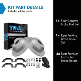 TRQ Rear Brake Pad and Rotor Set Ceramic G Coated Rotors Parking Brake Shoe Compatible with 2010-2012 Hyundai Santa Fe 2011-2013 Kia Sorento
