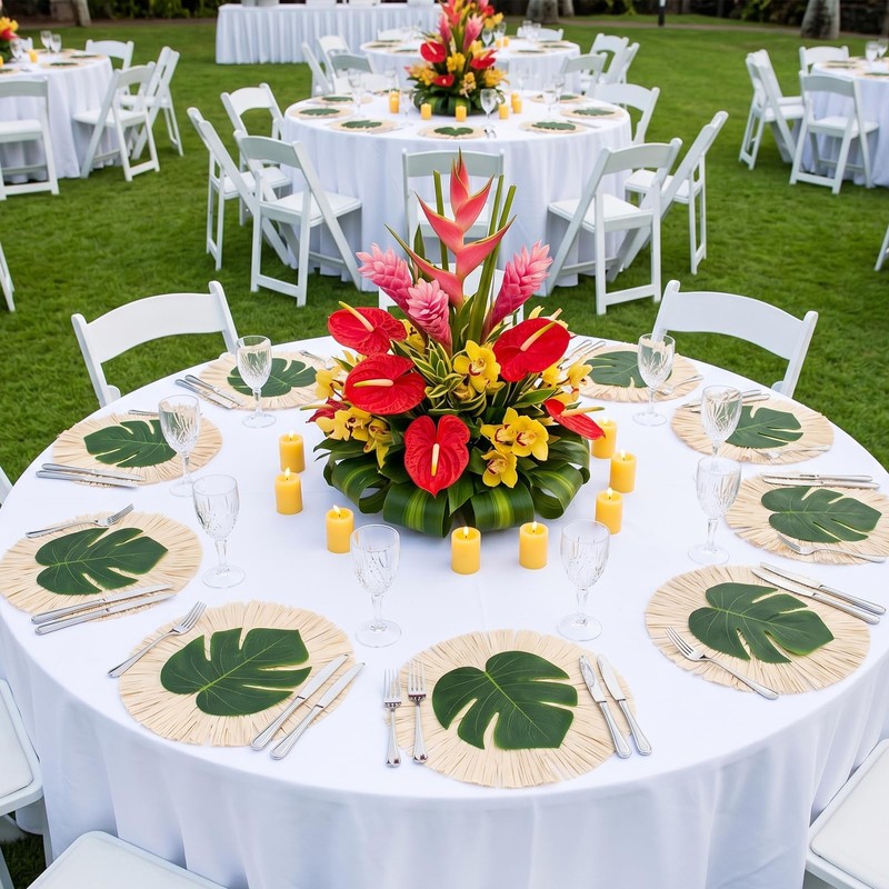 12Pcs Placemats and Palm Placemat, Green Straw Leaf Table Mat,