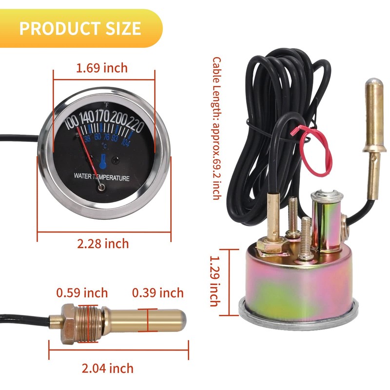 Car Water Temperature Gauge, 52mm 38-104℃ Mechanical Water Temp Gauge