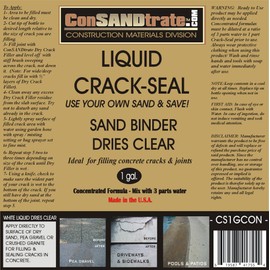 Consandtrate Crack-Seal 1 Gallon Concentrate. Add Water to Make up to 4 gallons. Apply to Dry Sand in Cracks to Bind in Place. Dries Clear.