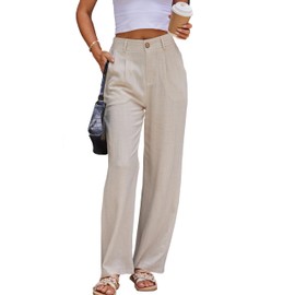 Fakanhui Women's Linen Dressy Work Casual Pants Summer Business Straight Wide Leg Cotton Linen Trouser Pants