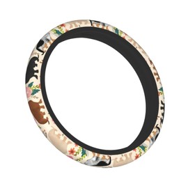 Dachshund Sausage Dogs Pink Flowers Print Steering Wheel Cover,Warm in Winter and Cool in Summer,15 in Universal Accessory for Diverse Car Fashion Elastic Silicone Anti-Slip Decor for Men Women