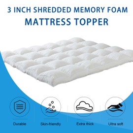 WhatsBedding 3 Inch Memory Foam Mattress Topper Queen Size for Pressure Relief, Fluffy & Soft Shredded Memory Foam Filled Pillow Top, 4 Anchor Elastic Bands, 1700GSM, 60x80in