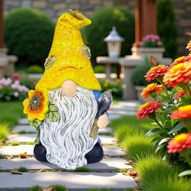 Memeyou Garden Gnomes Outdoor Decor Solar Gnomes Statues with Butterfly Bee Sunflower Led Lighted Dwarf Outside Decorations for Yard Patio Lawn Ornaments Gifts for Women Mom