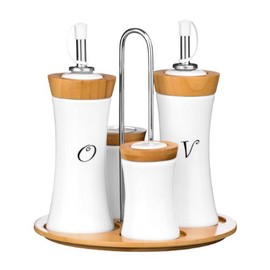 Premier Housewares 1103947 4-Piece Bamboo/Ceramic Concave Condiment Set,White,H19 x W19 x D9cm