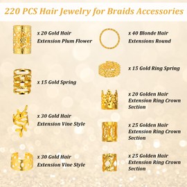 220 Pcs Hair Jewelry for Dreadlock, Gold Braids Rings Hair Cuffs Hairclips for Braids, Metal Braid Charms for Women, Gold Dreadlock Accessories Decorations