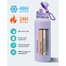 40 oz Water Bottle with Straw Spout Lids - Cold 48H Hot 24H Insulated Water Bottle Carrying Sleeve with Strap Handle, Bottom Boot, Leak-Proof Stainless Steel Thermal Flask for Women, Lilac Purple