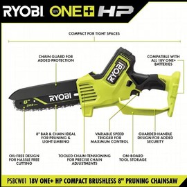 RYOBI 18V Brushless 8 in. Battery Compact Pruning Mini Chainsaw (Tool Only)