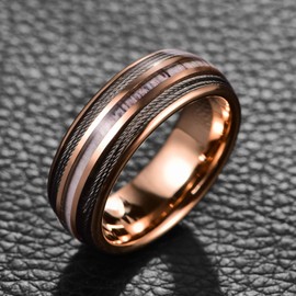 CHALAIR Men's Ring 8mm with Antler and Black Guitar String Inlay Rosegold Domed Polished Tungsten Wedding Band Size O