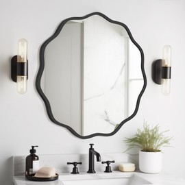 WallBeyond Round Wavy Mirror for Wall Decorative 24 inch, Modern Round Mirror Aluminum Frame Circle Wall Mirror for Bathroom Bedroom Living Room Home House Office Entryway, Black
