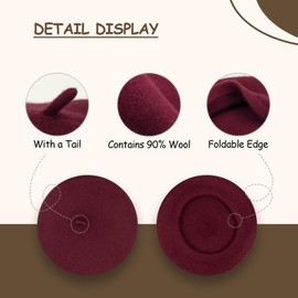 Gllutt Wool Beret Hat French Style Women Solid Color Thicken Warm Multiple Wear Ways (Wine Red)